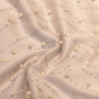 White Pearls and Crystal Embroidered Mesh Fabric