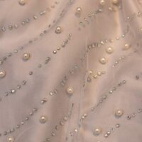 White Pearls and Crystal Embroidered Mesh Fabric