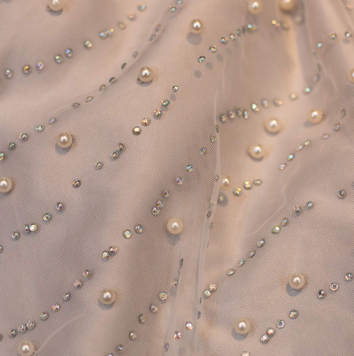 White Pearls and Crystal Embroidered Mesh Fabric