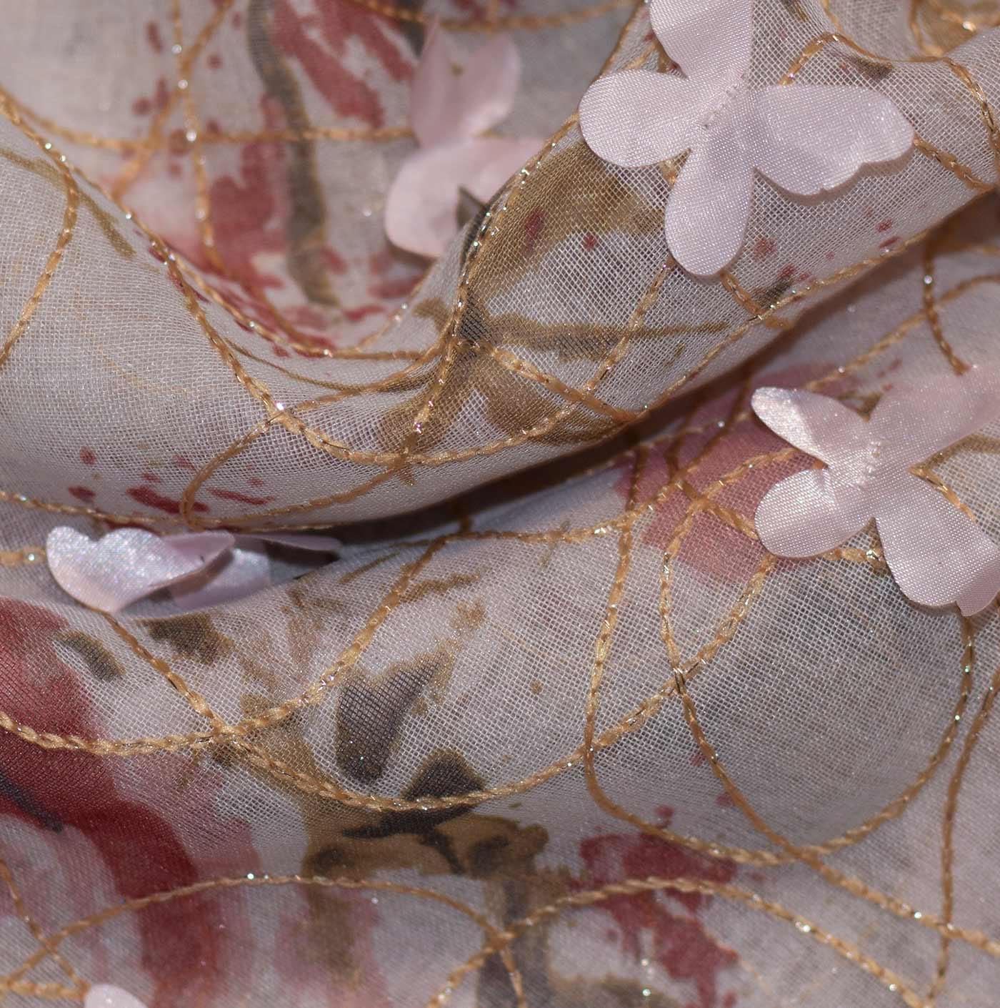 Peach Variant Embroidered Floral Lame Organza Fabric