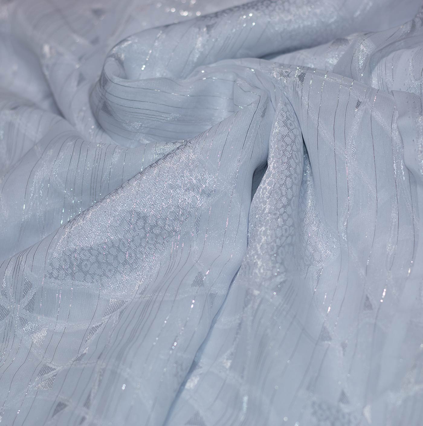 Detailed White Printed Chiffon Fabric