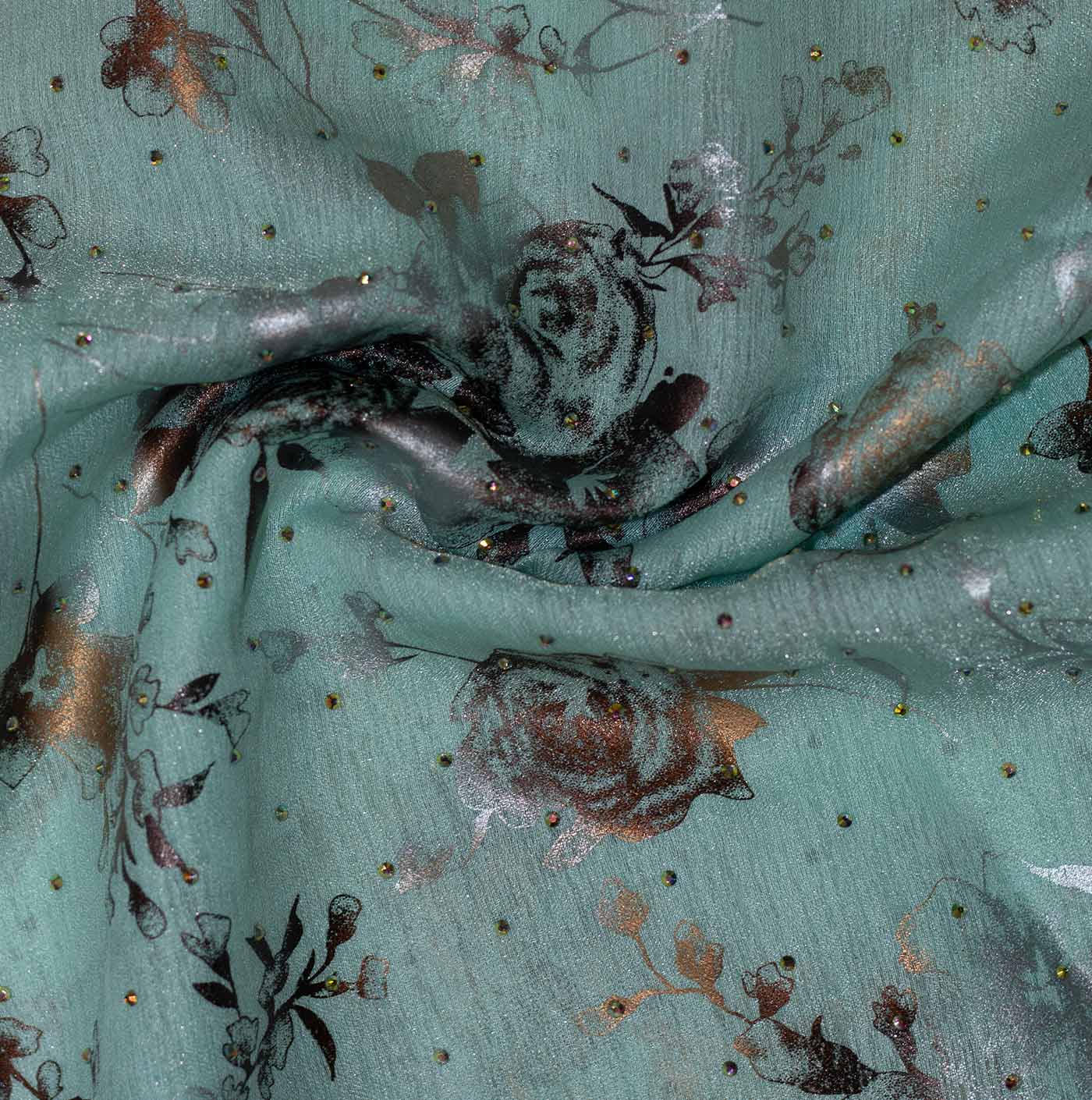 Sky blue and brown Embroidered Floral Organza Fabric with Stones