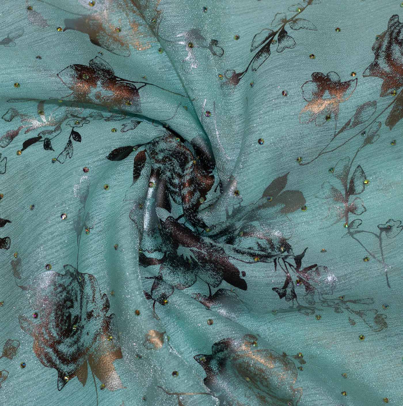 Sky blue and brown Embroidered Floral Organza Fabric with Stones