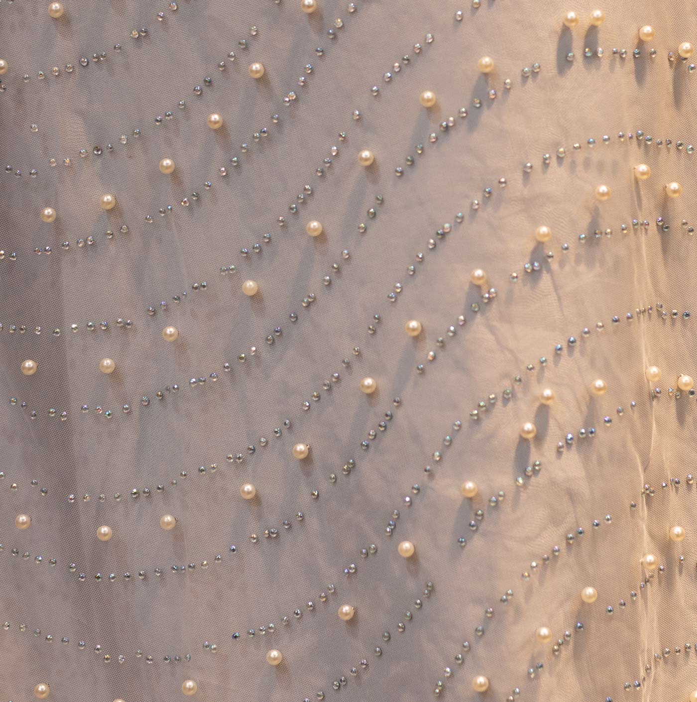 White Pearls and Crystal Embroidered Mesh Fabric