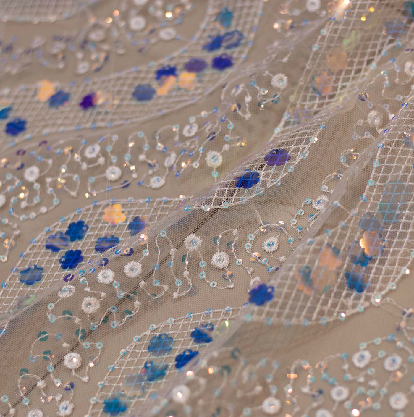 Turquoise Blue on White Tulle Sequin Fabric
