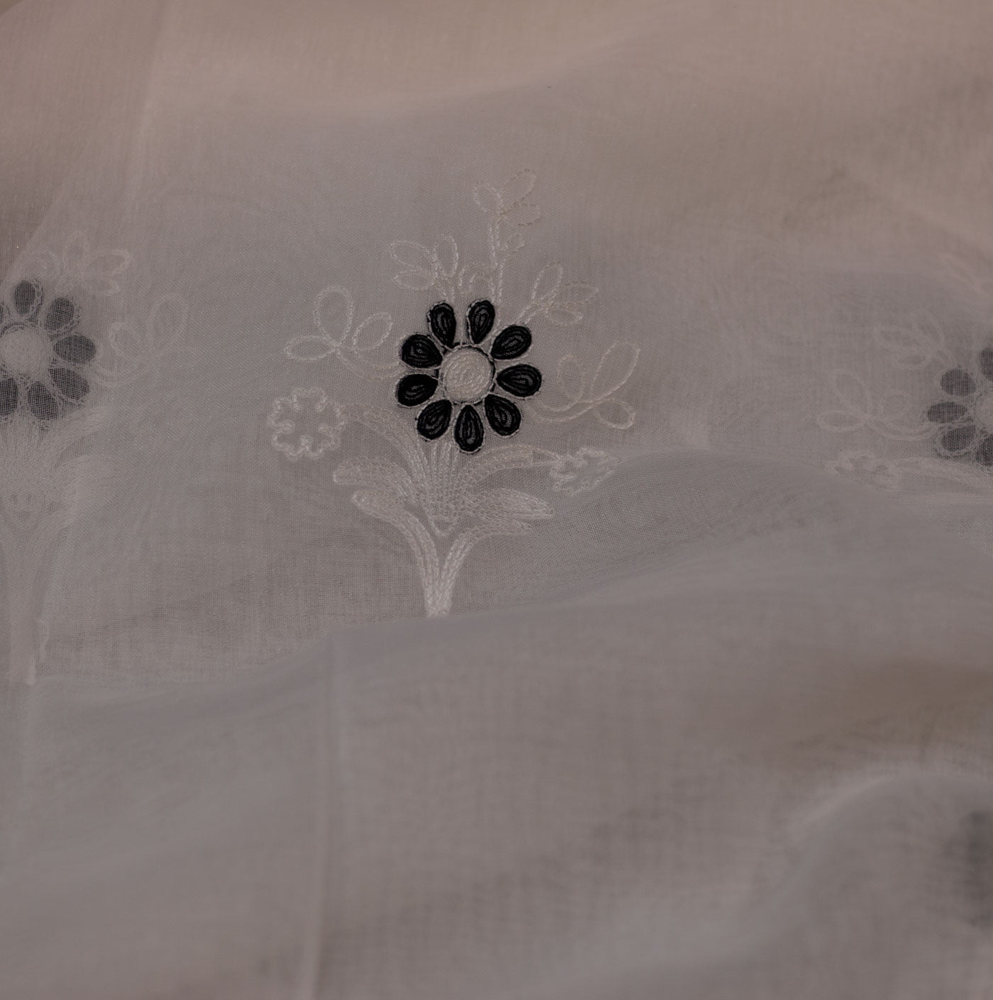 Black and White Floral Embroidered Lame Linen Fabric