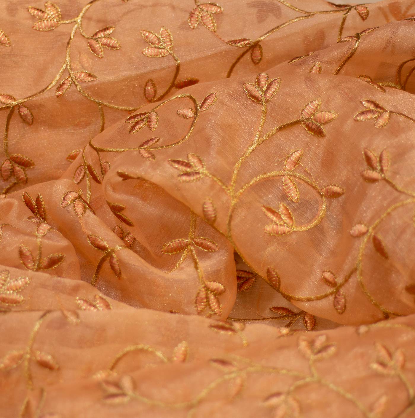 Orange Florals Printed Organza Fabric