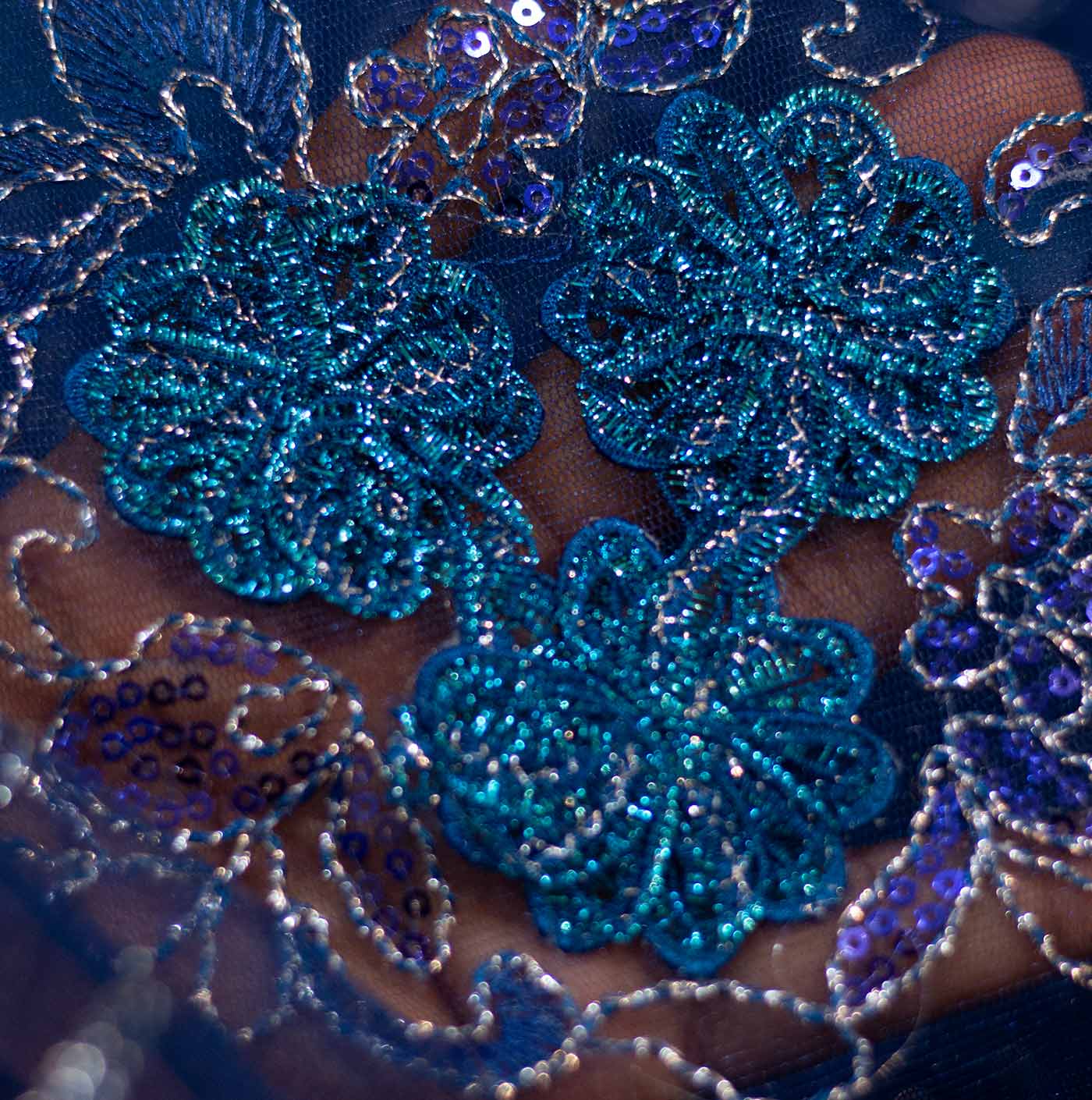 Embroidered Blue Floral Sequin Fabric