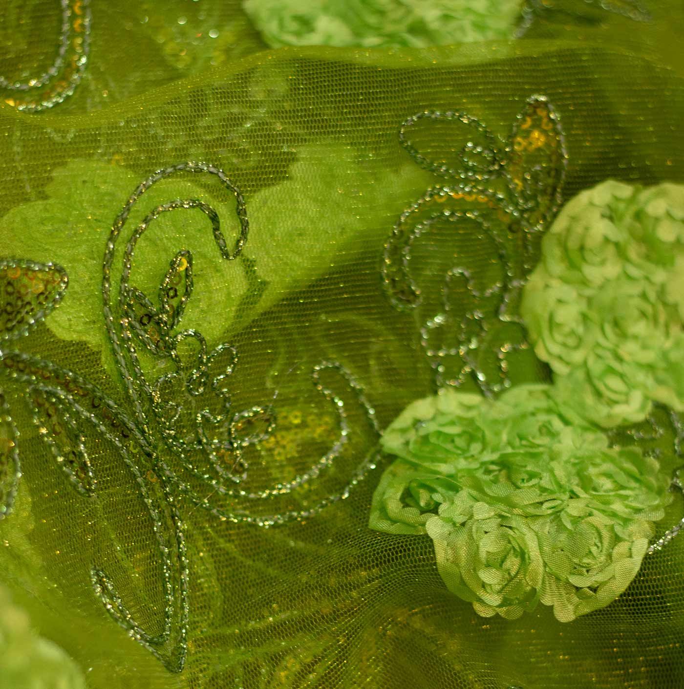 Lemon Green Floral Mesh Fabric