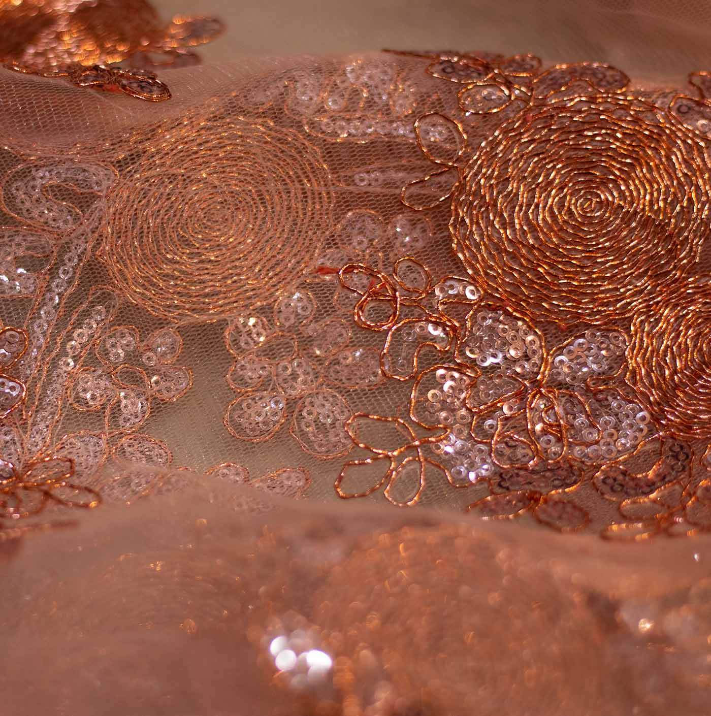 Rose Gold Embroidered Lease Mesh Fabric
