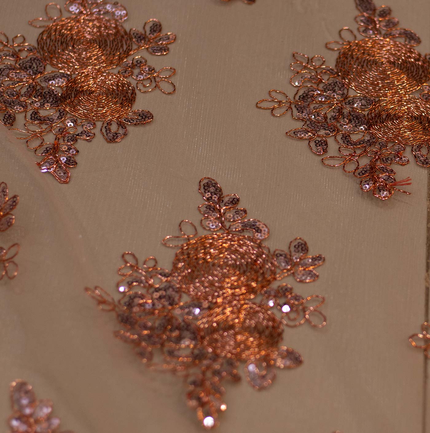 Rose Gold Embroidered Lease Mesh Fabric