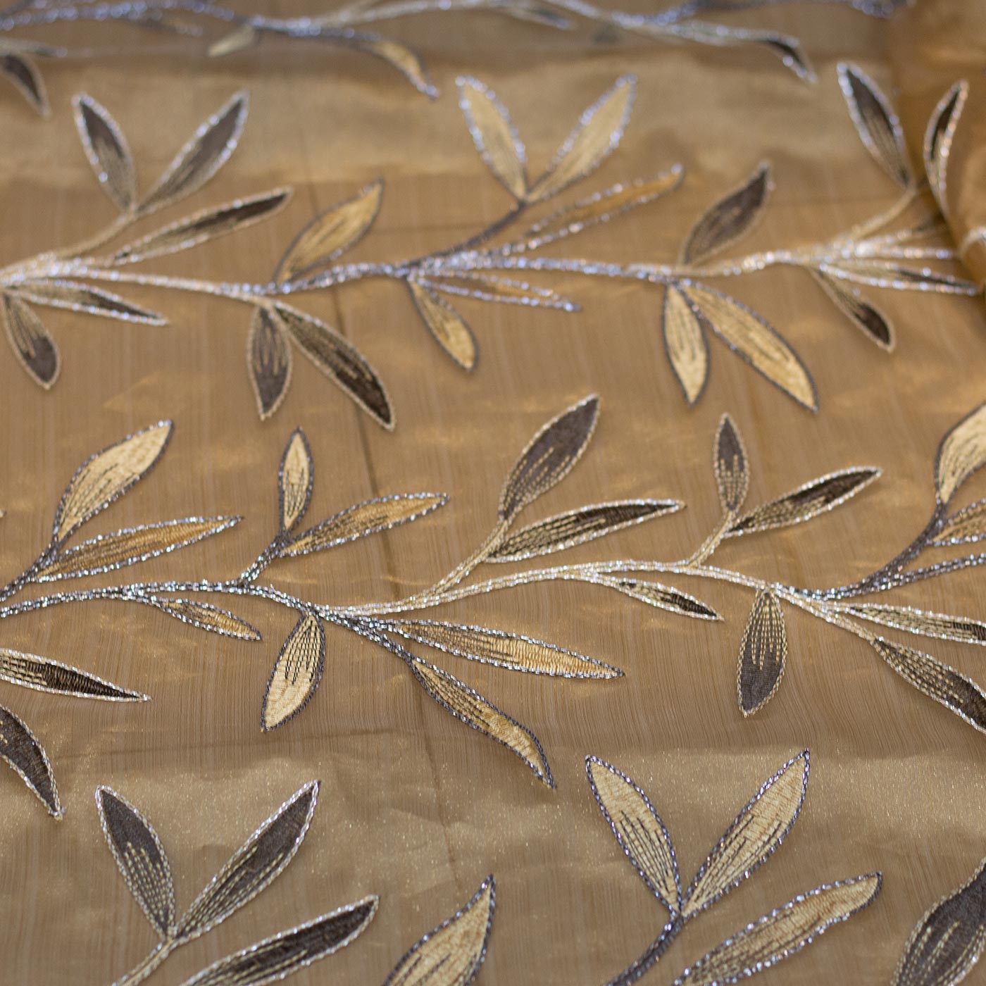 Dark Gold Floral Design Printed Organza Fabric