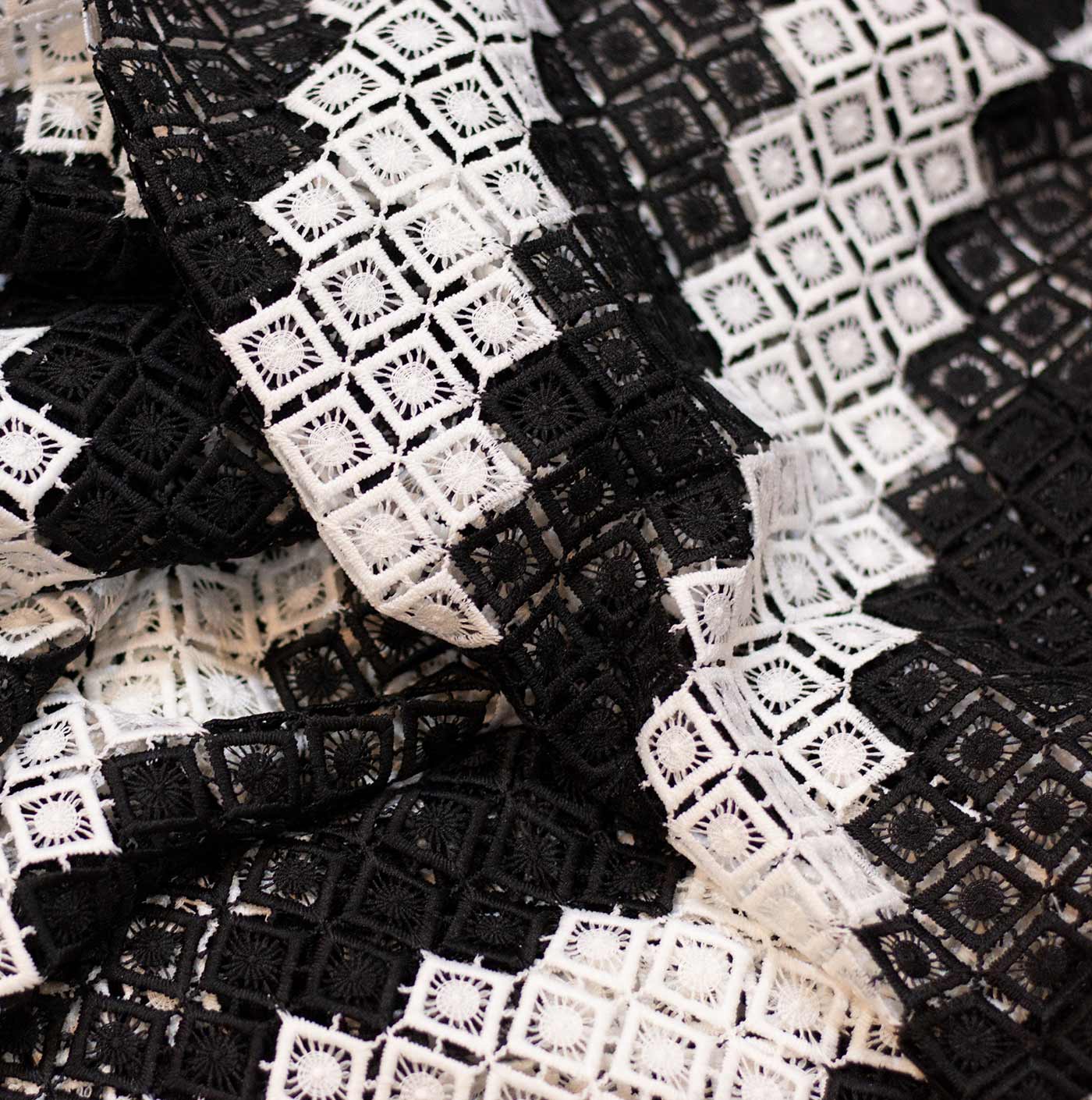 White and Black Guipure Lace Fabric