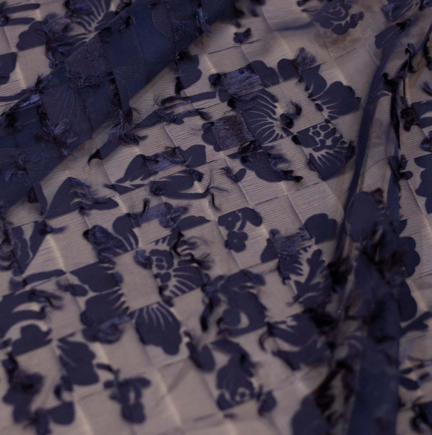 Detailed Navy Blue Chiffon Fabric