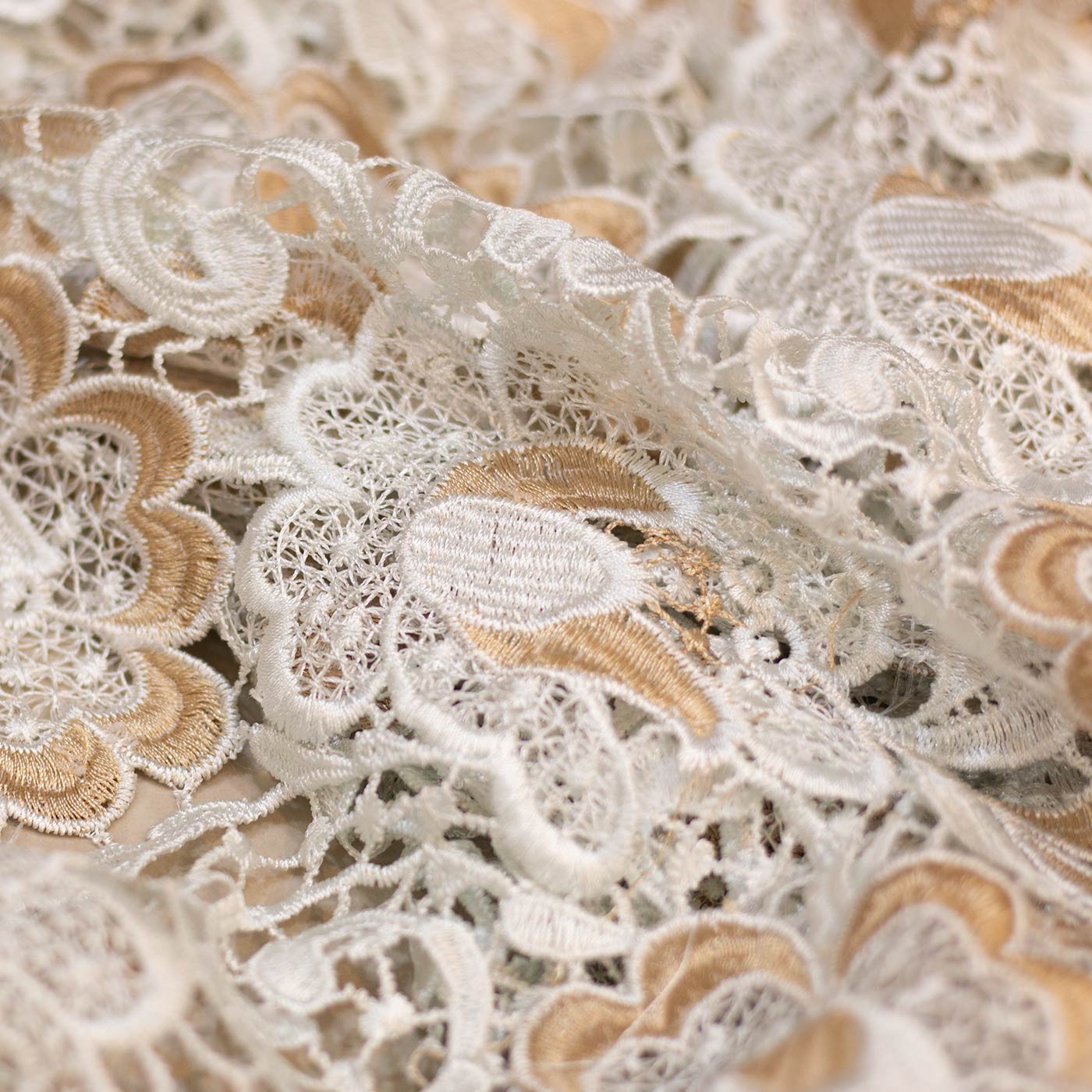 Gold and Ivory Guipure Lace Fabric
