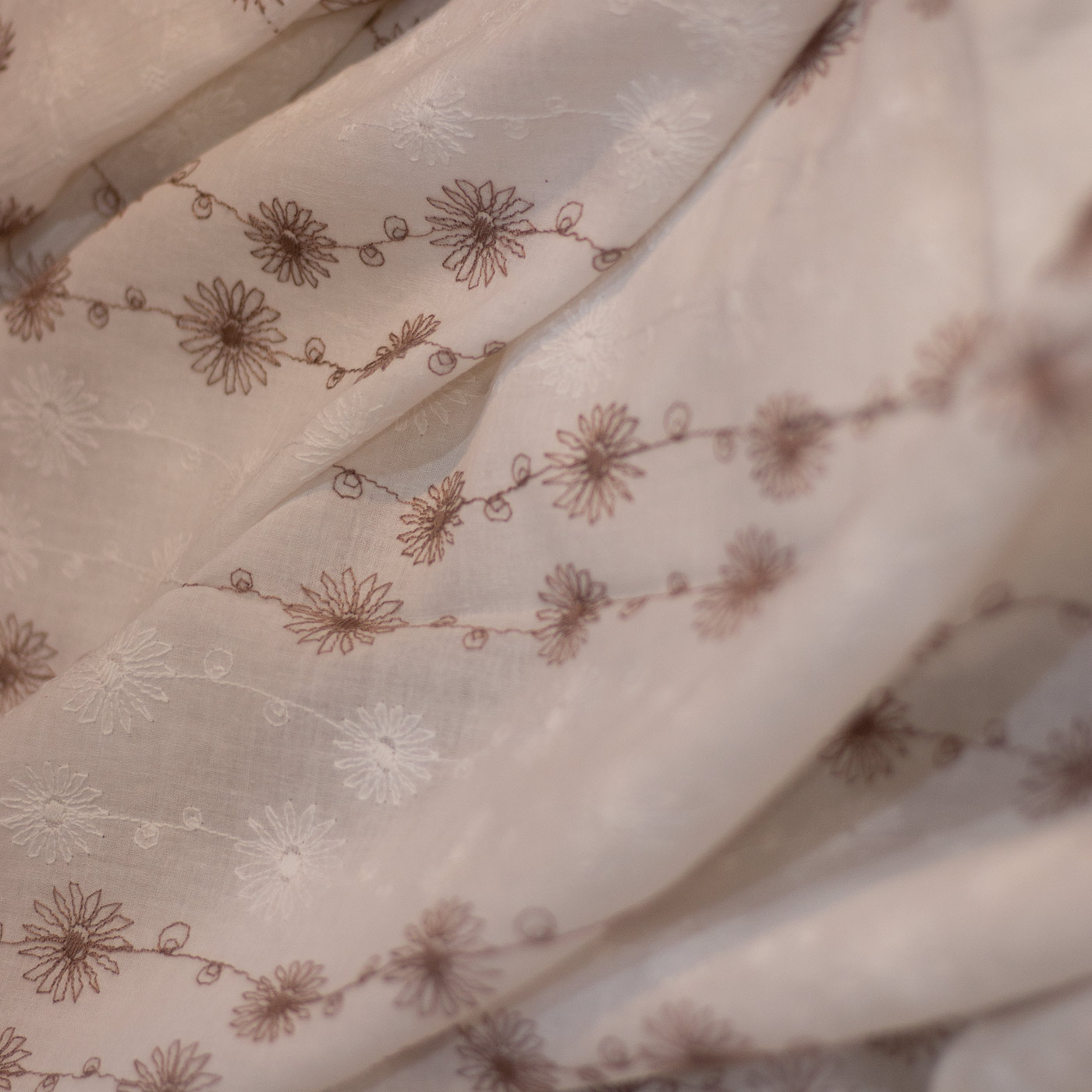 Brown and White Floral Embroidered Cotton Fabric