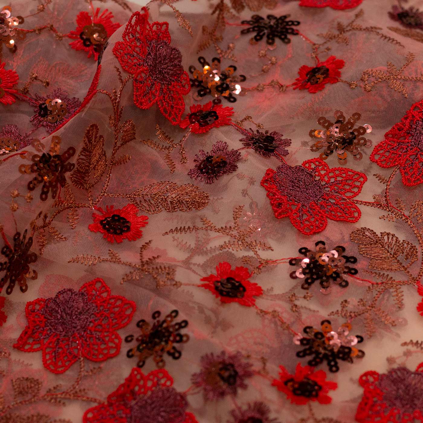 Embroidered Burgundy Floral Mesh Fabric