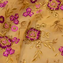 Embroidered Pink & Gold Chiffon Fabric