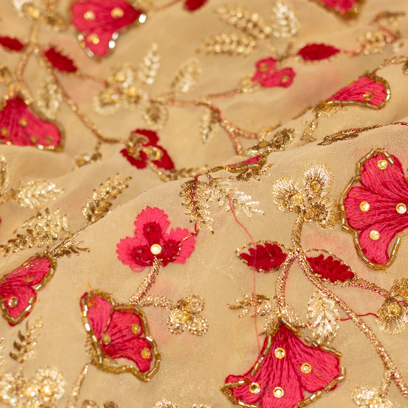 Red and Gold Embroidered Chiffon Fabric