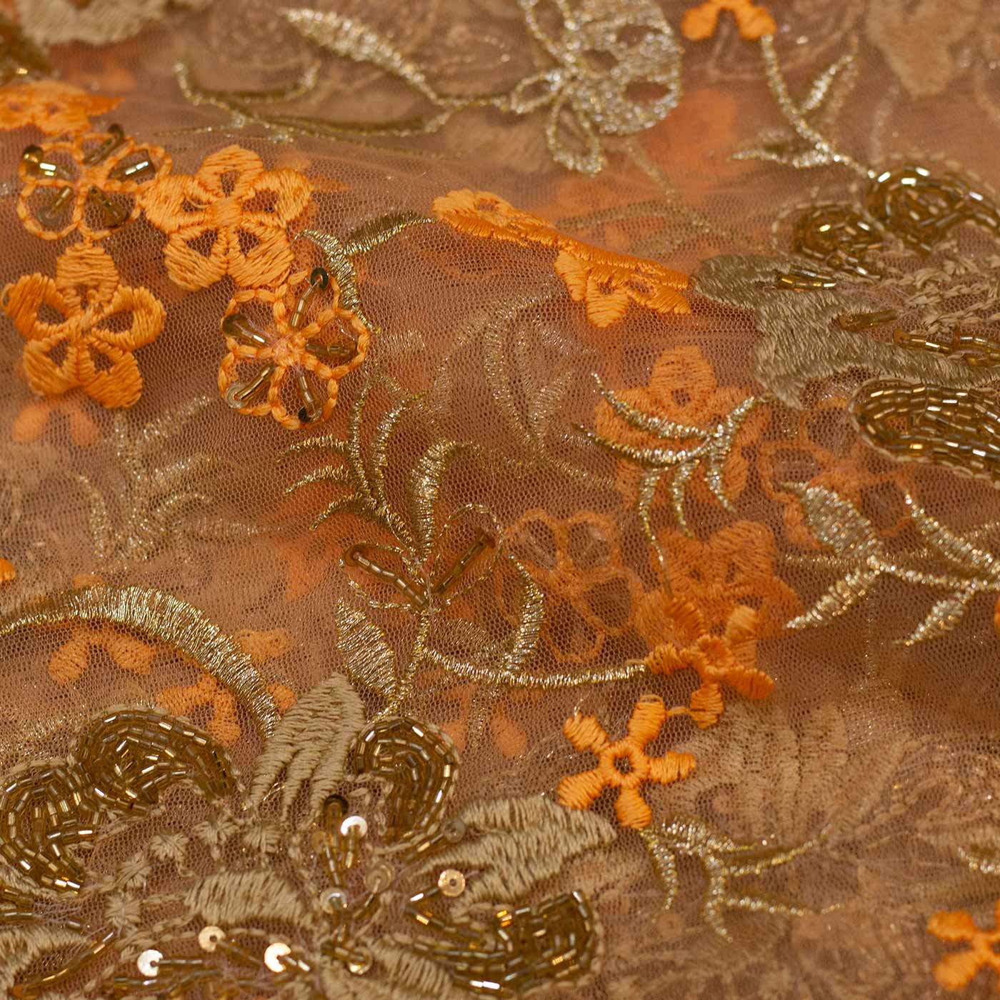 Beaded Orange and Gold Lace Fabric