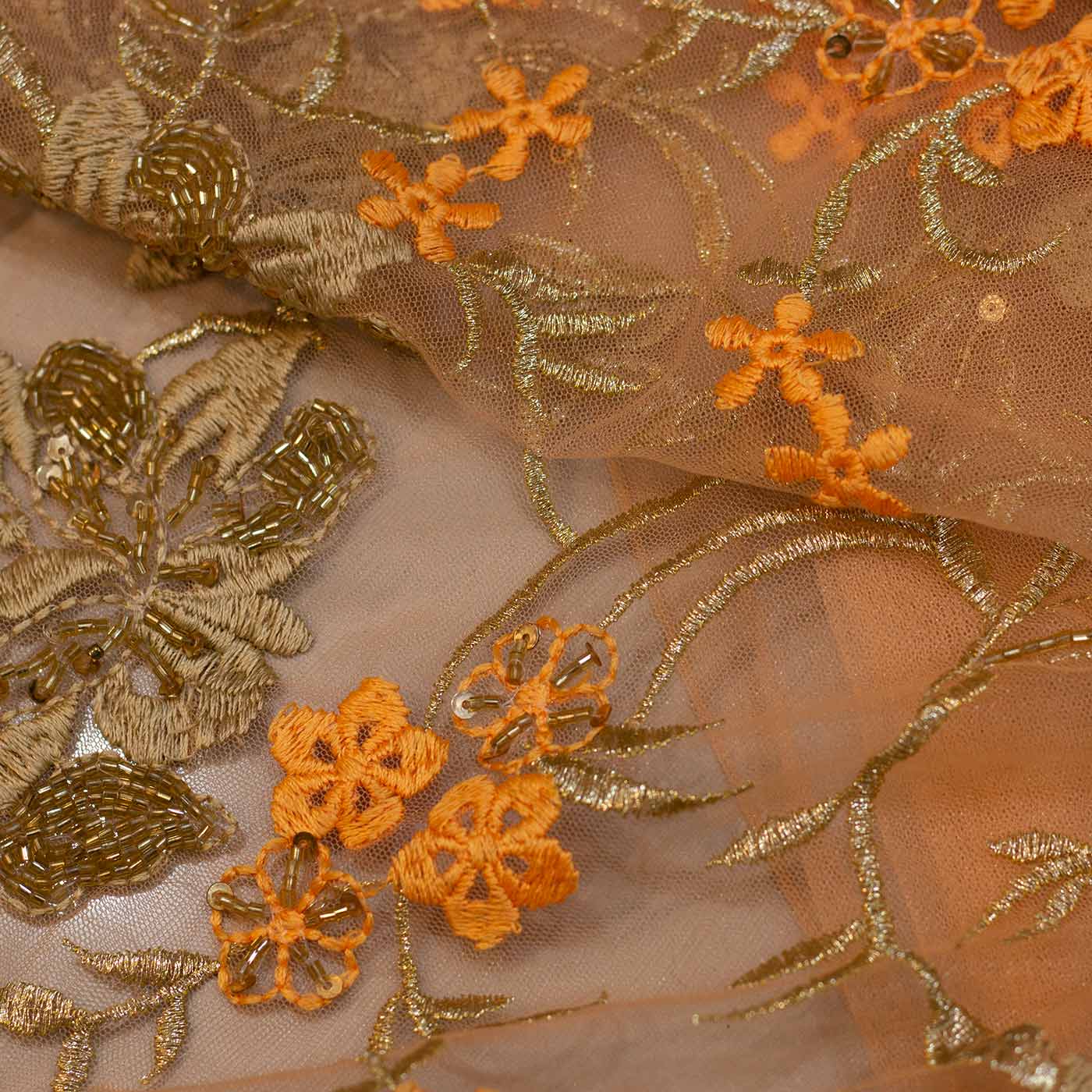 Beaded Orange and Gold Lace Fabric