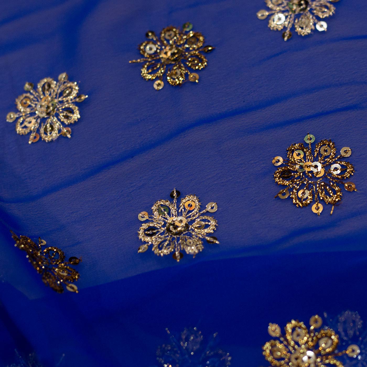 Gold Embroidered Royal Blue Chiffon Fabric