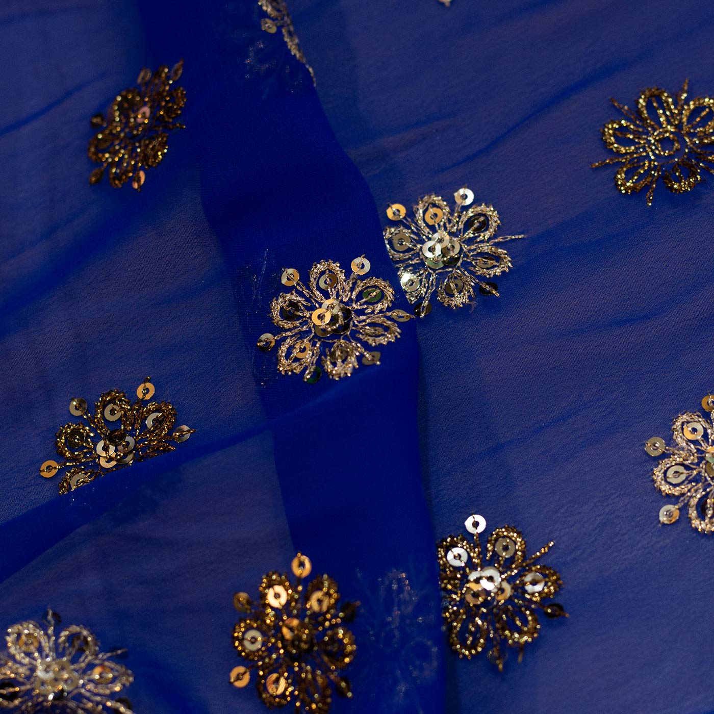 Gold Embroidered Royal Blue Chiffon Fabric