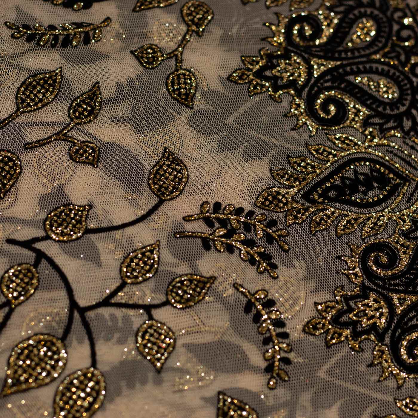 Gold and Black Floral Metallic Mesh Fabric