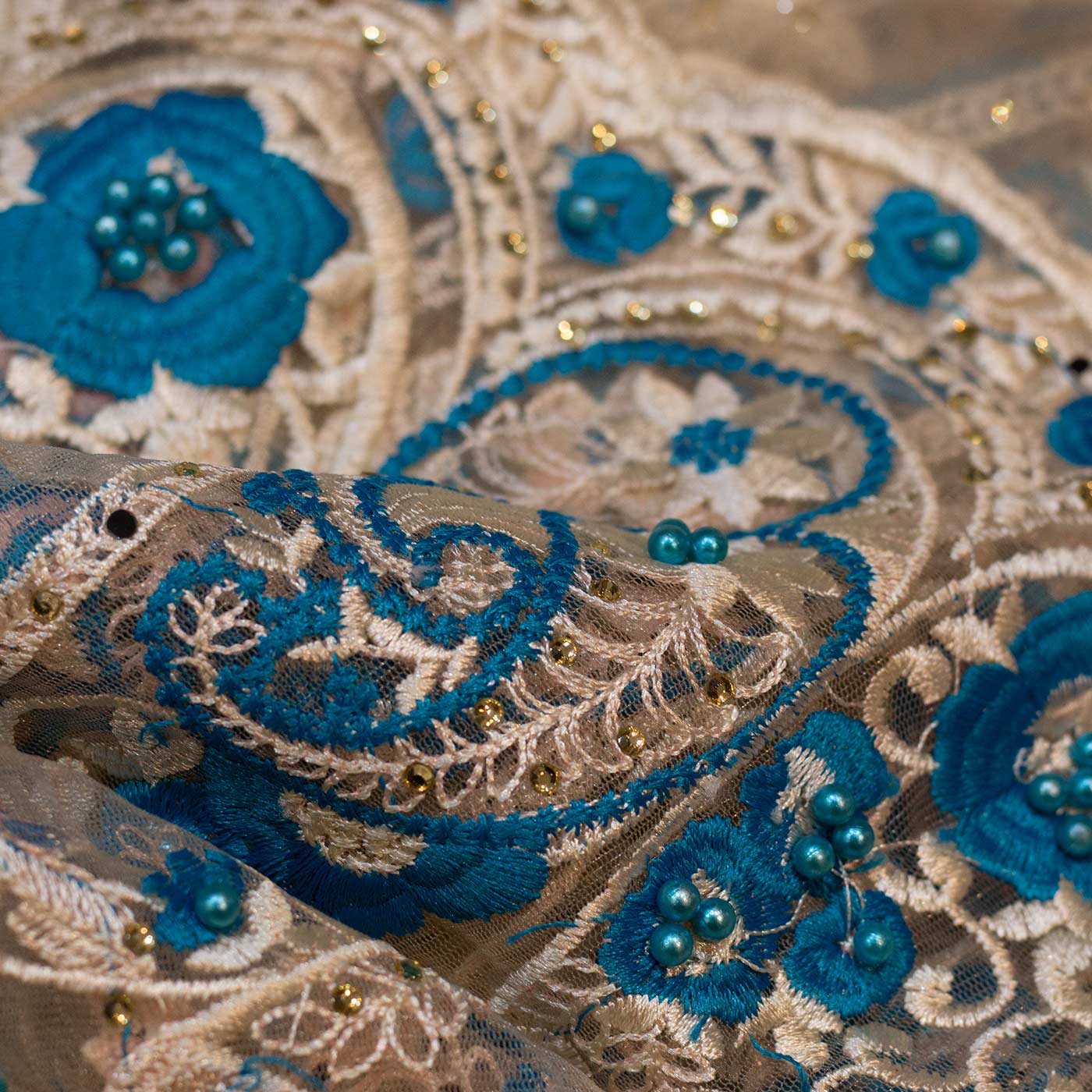 Blue and Gold Floral Lace Fabric with Pearls