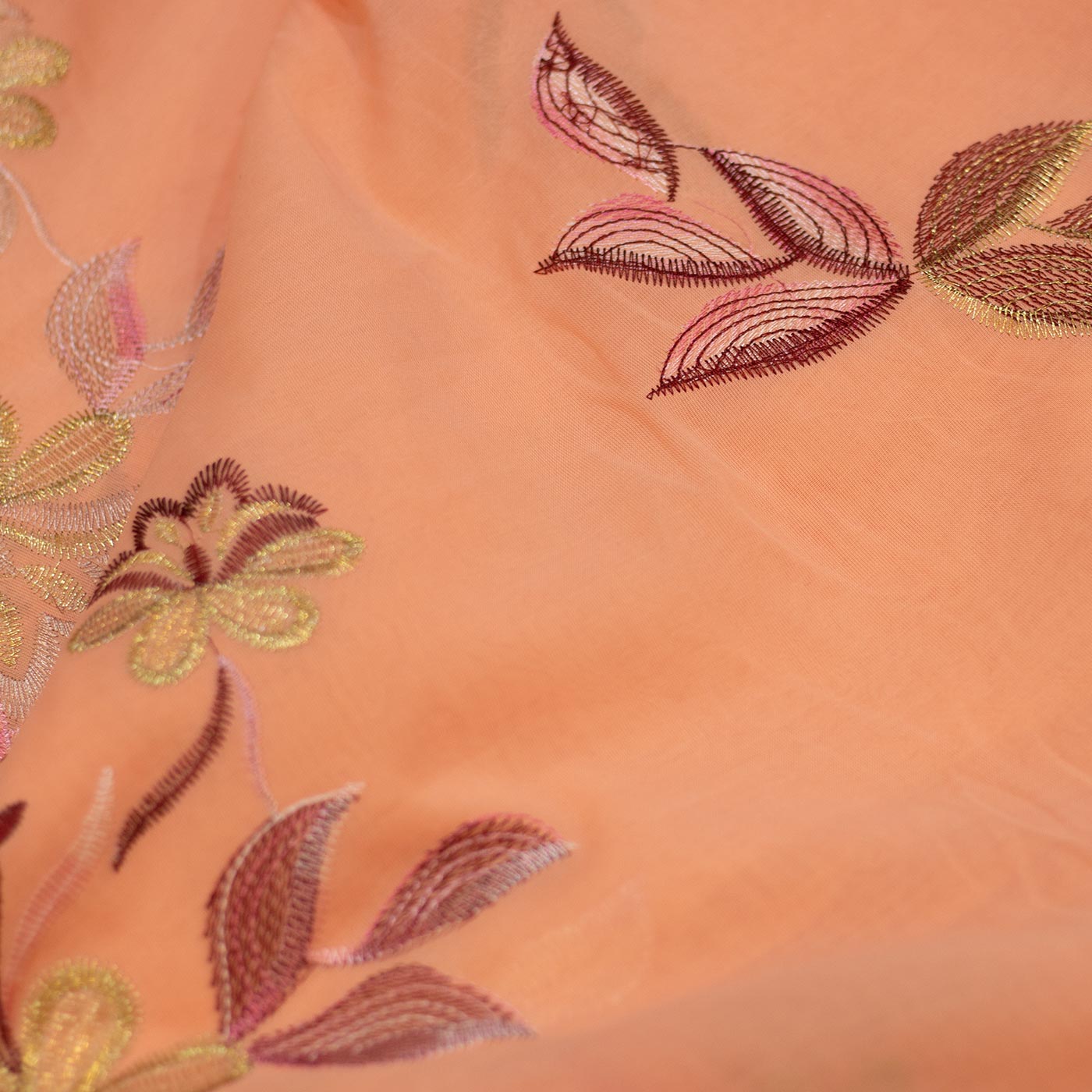 Peach Mini Floral Design Embroidered Chiffon Fabric