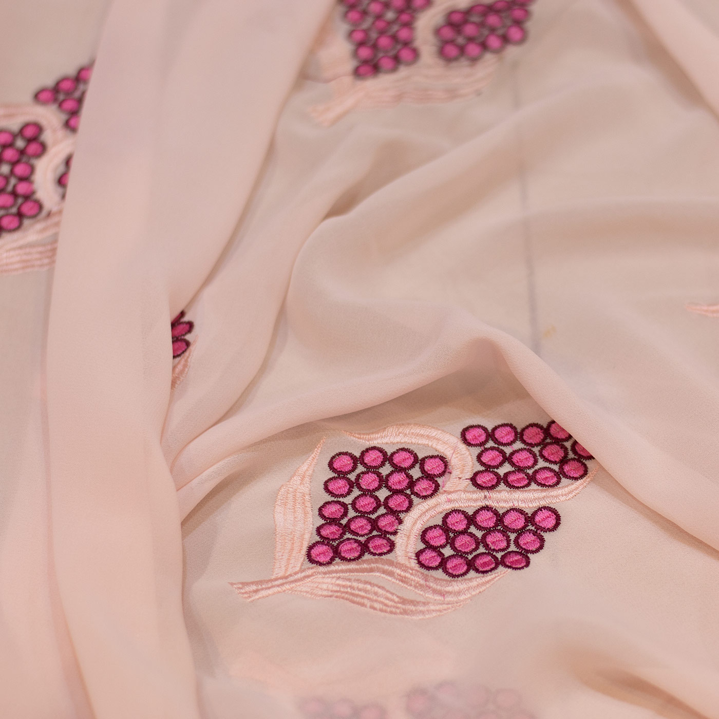 Peach Dotted Floral Embroidered Chiffon Fabric