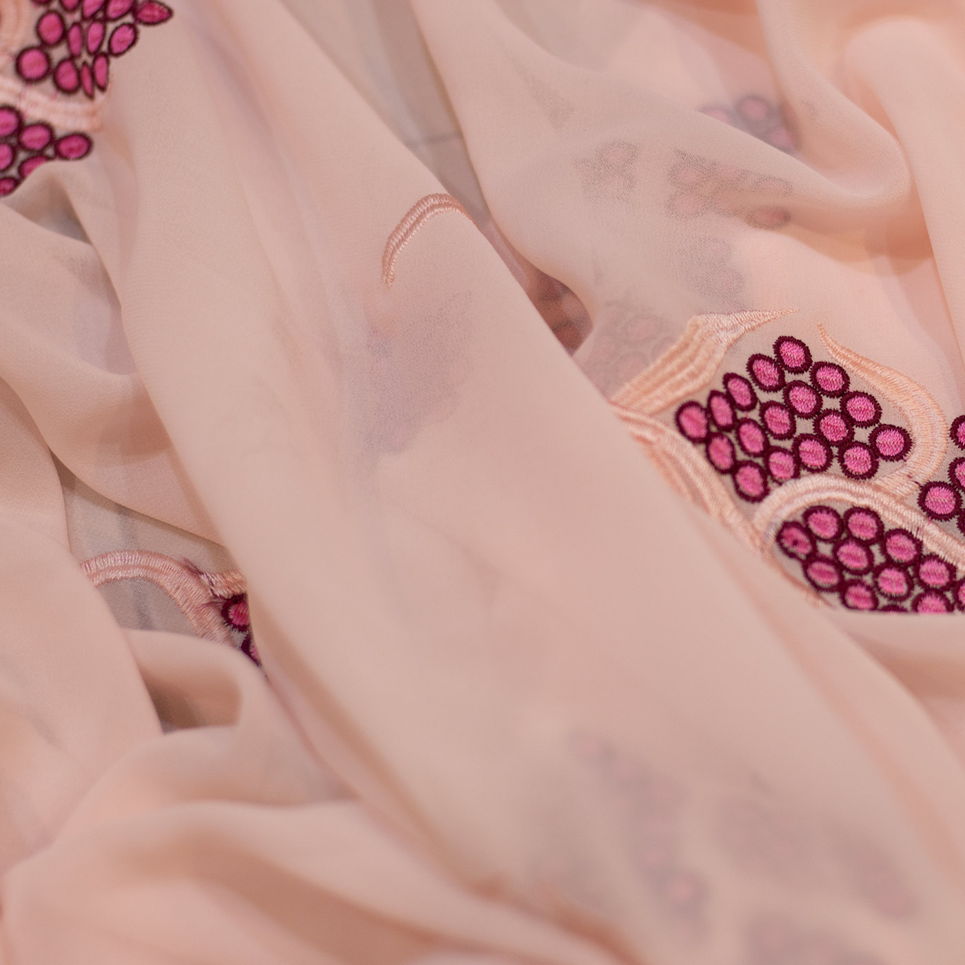 Peach Dotted Floral Embroidered Chiffon Fabric
