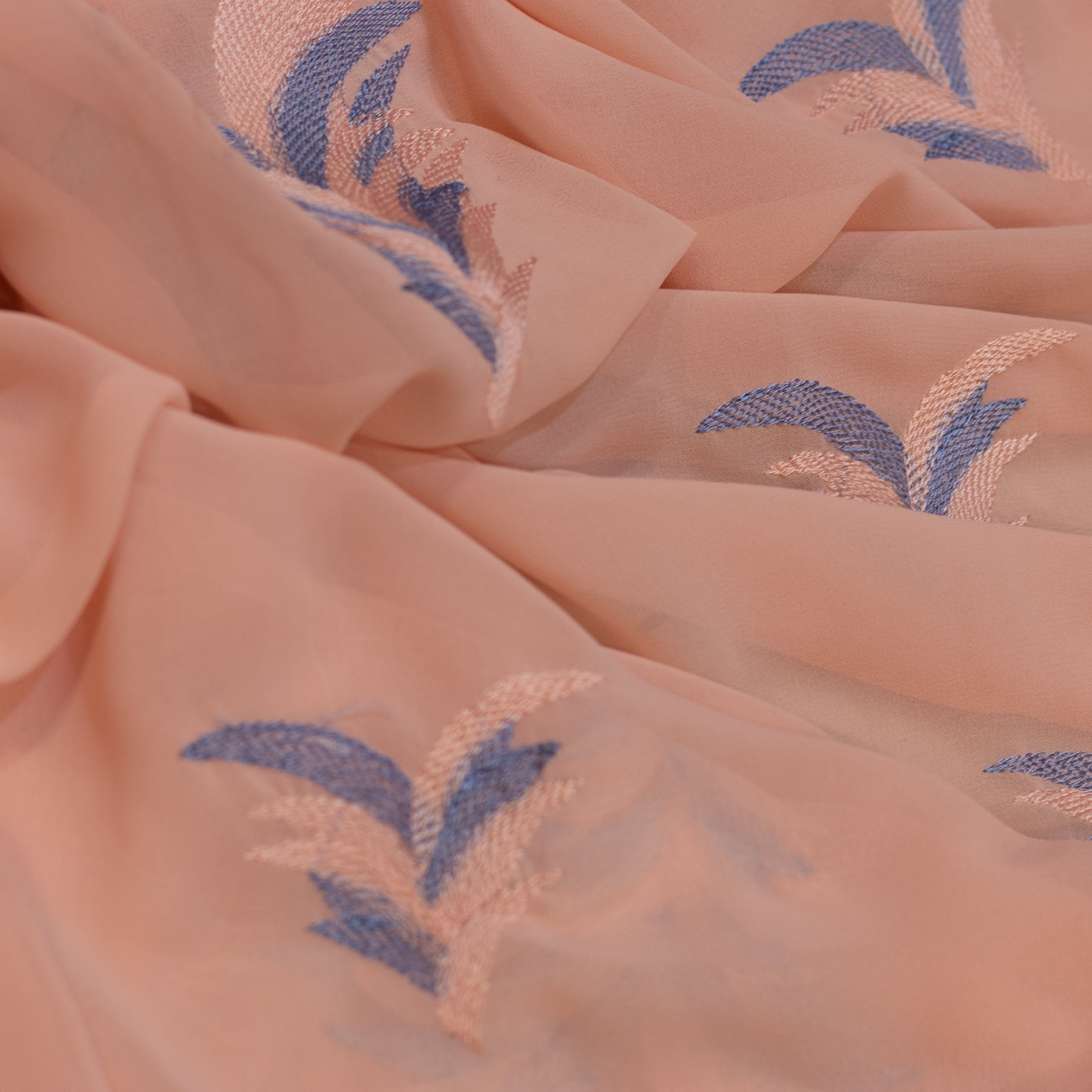 Peach and Blue Abstract Floral Embroidered Chiffon Fabric