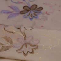 White and Peach Floral Embroidered Cotton Fabric