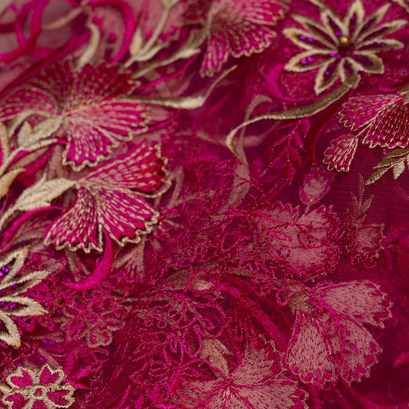 Pink and Gold Floral Lace Fabric with Pearls