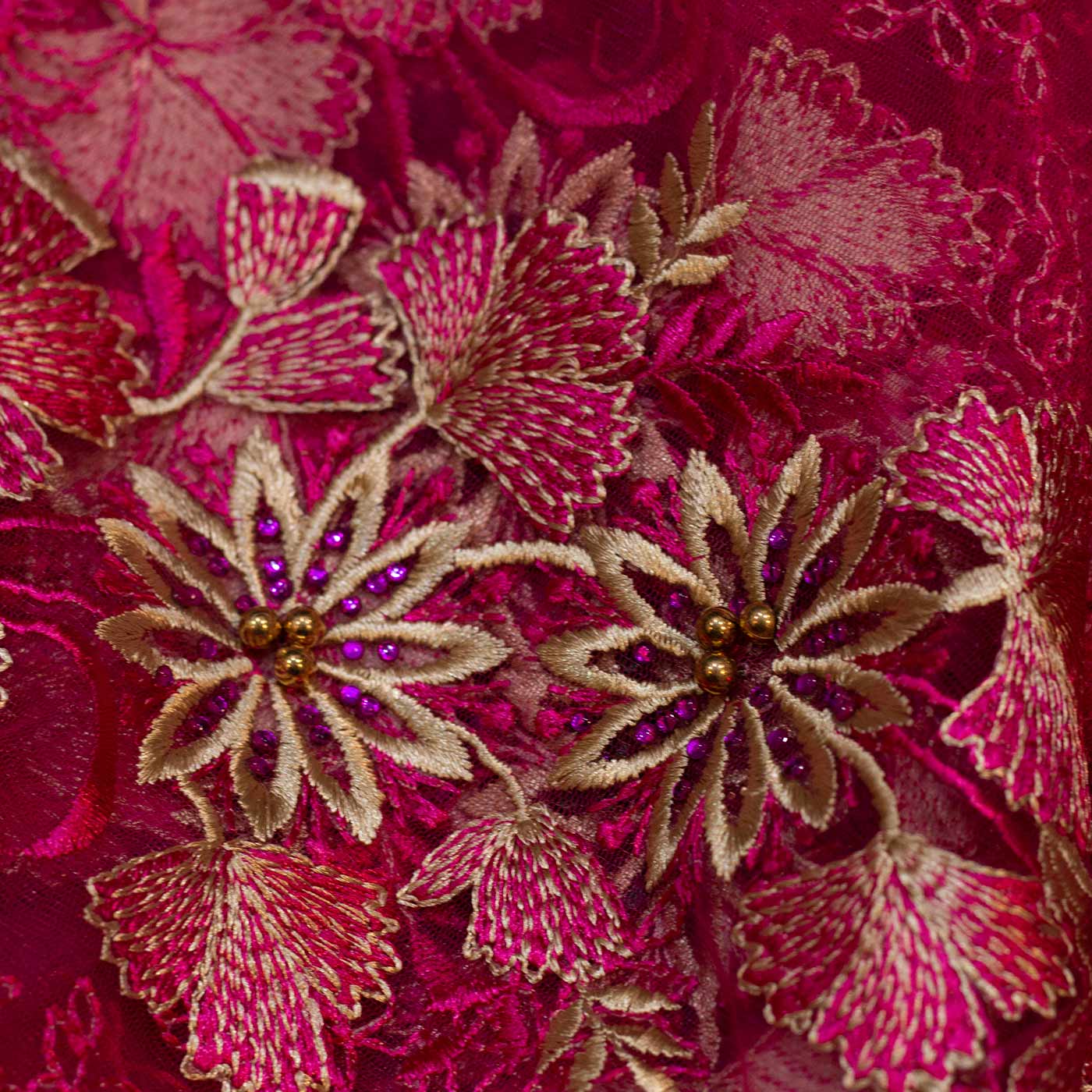 Pink and Gold Floral Lace Fabric with Pearls