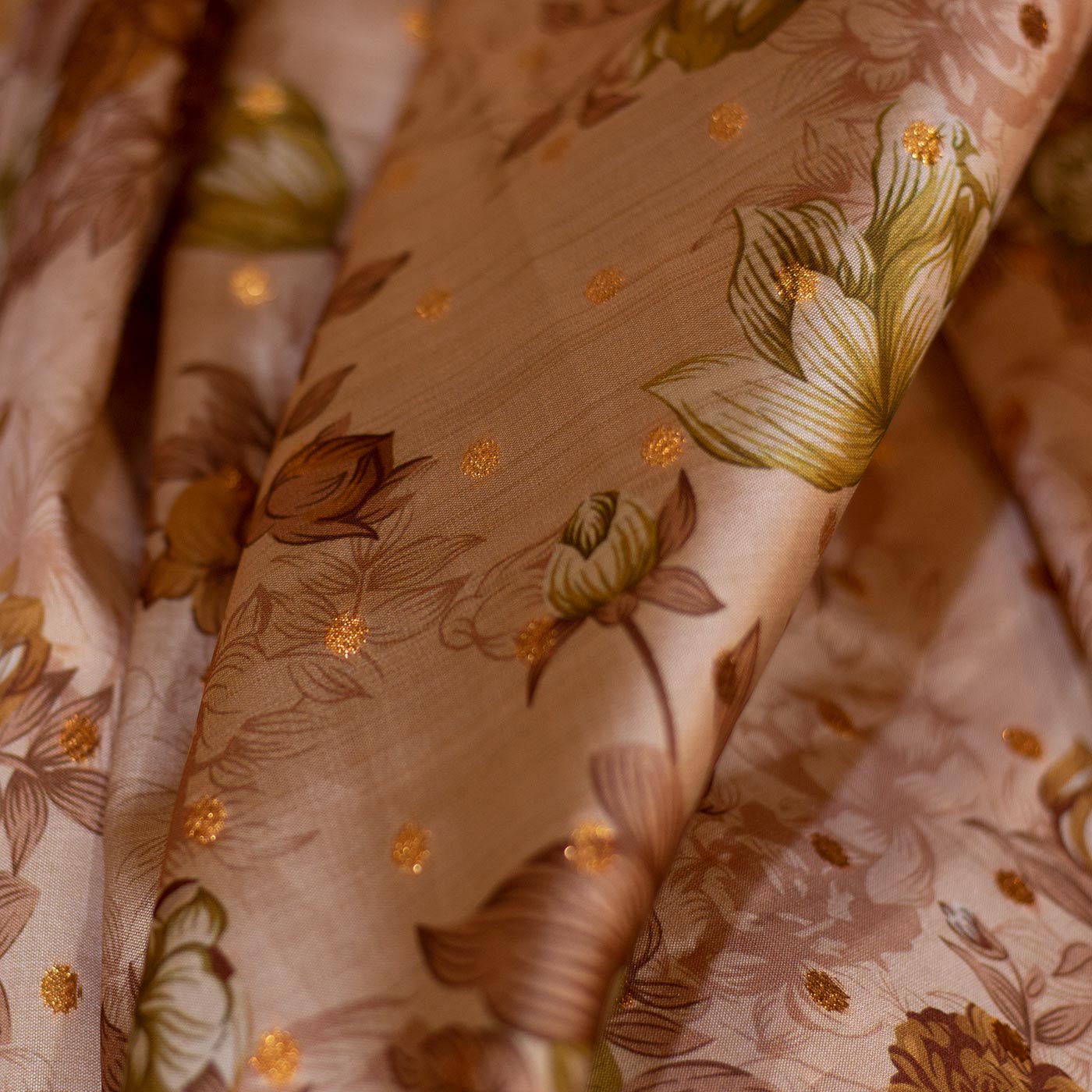 Brown and Olive Floral Taffeta Fabric
