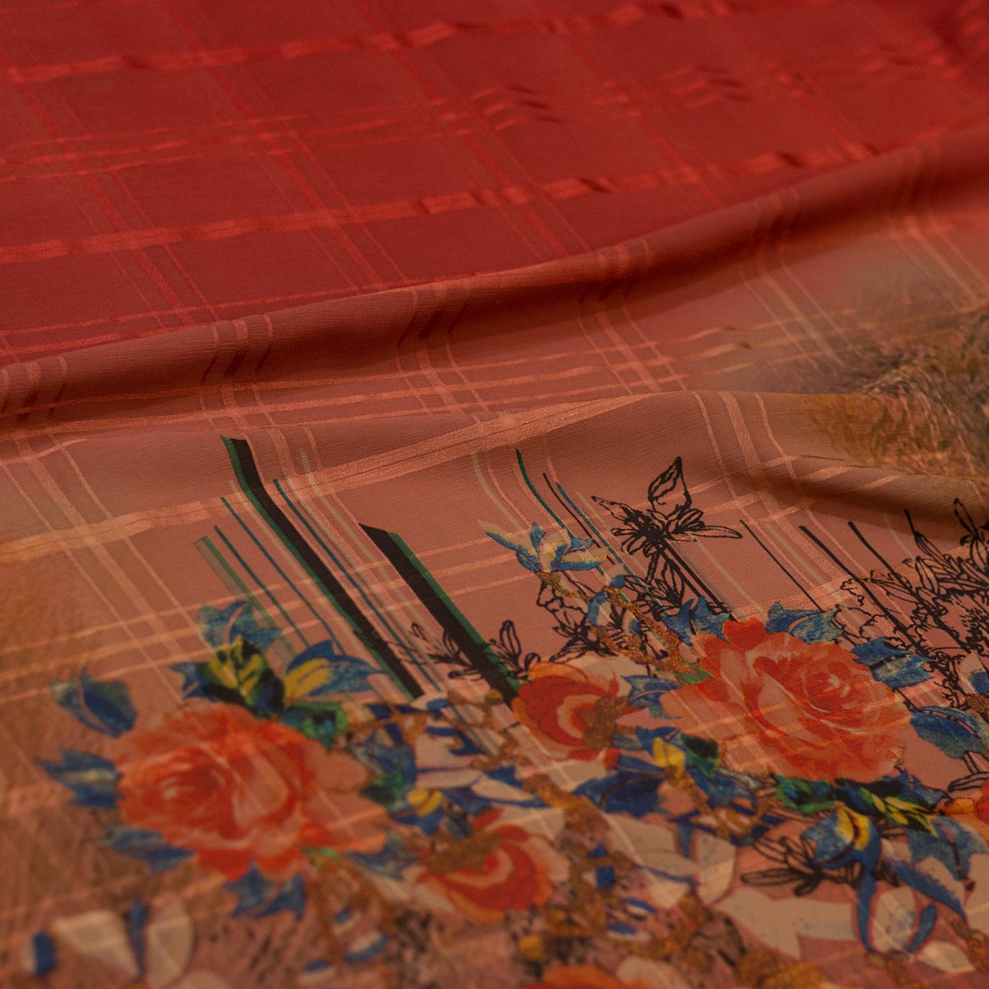 Old Brick Floral Design Silk Jacquard Fabric