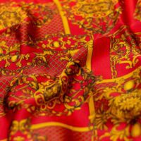 Yellow and Red Designer Printed 100% Silk Fabric