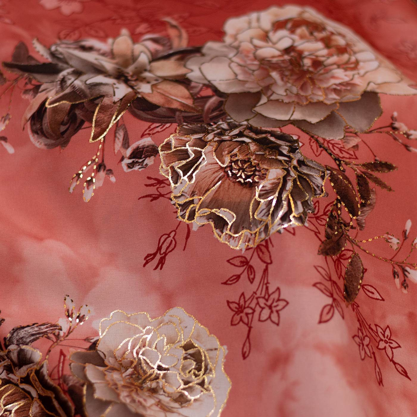 Peach Multicolor Floral 3D Satin Fabric
