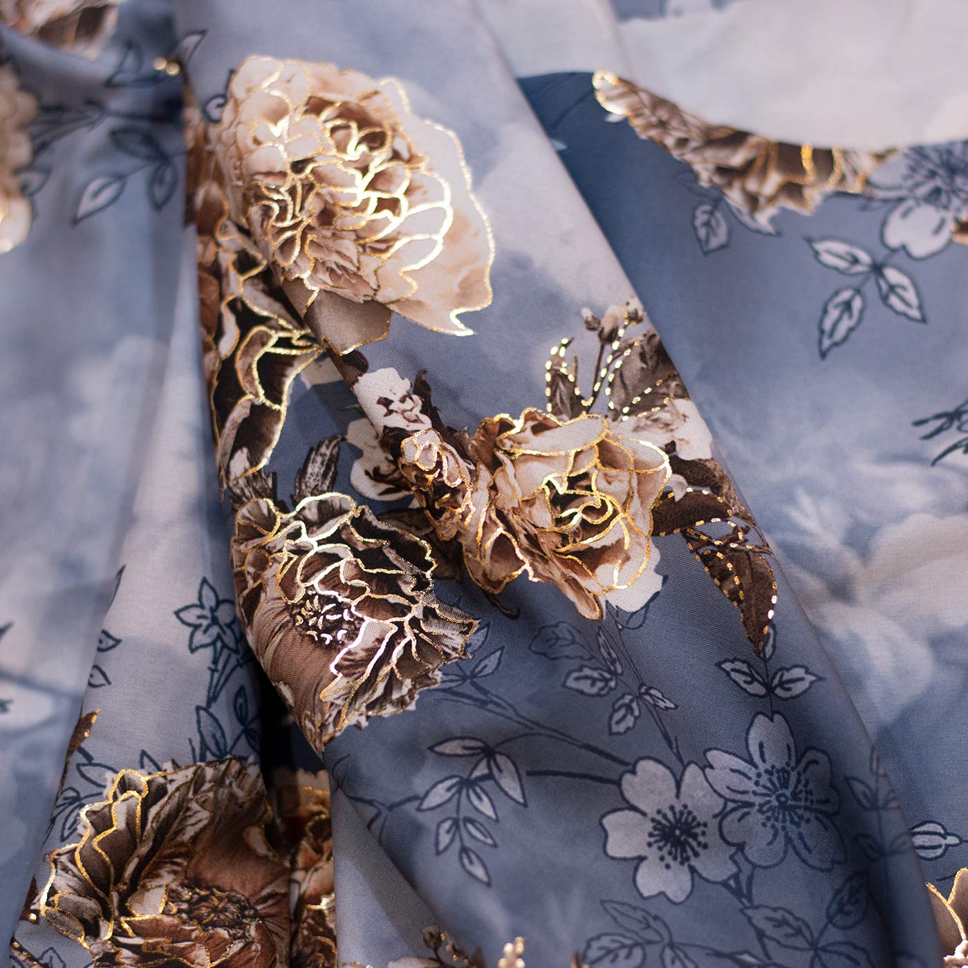 Ash and Brown Multicolor Floral 3D Satin Fabric