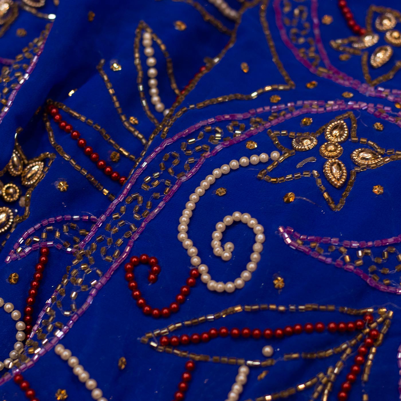 Blue Beaded Chiffon Fabric