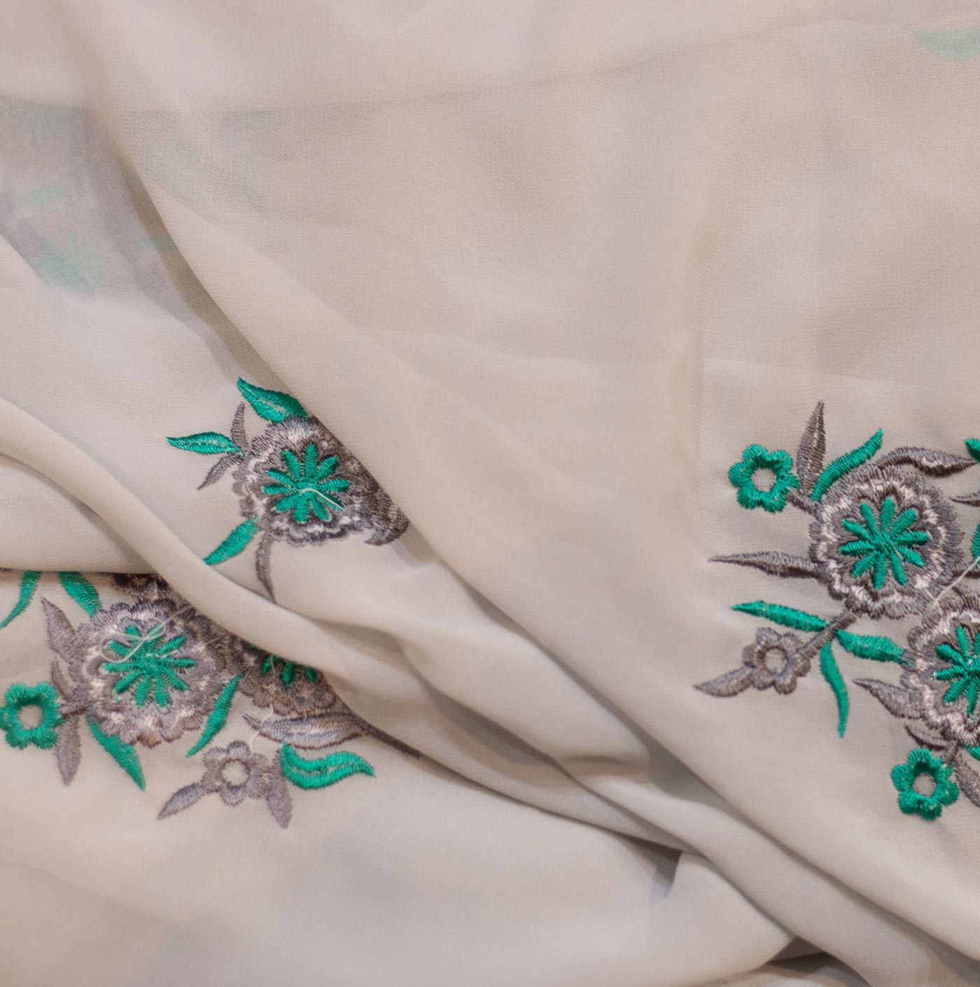 Green Abstract Floral Design Embroidered Chiffon Fabric