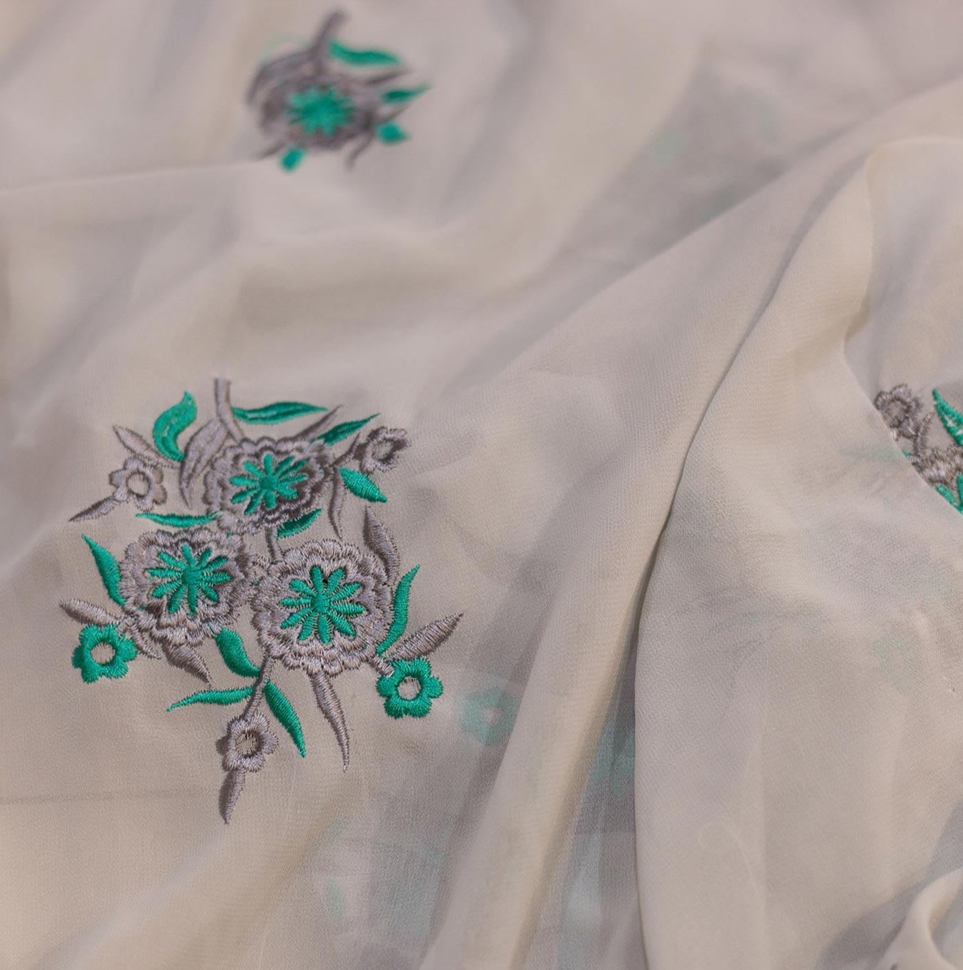 Green Abstract Floral Design Embroidered Chiffon Fabric