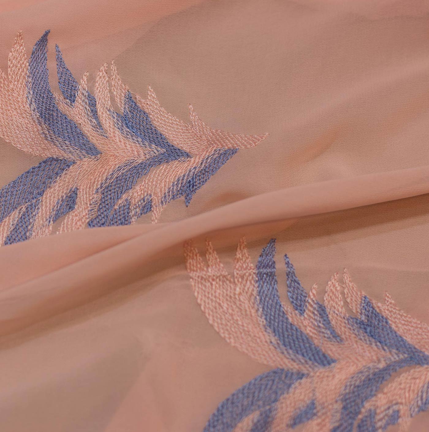 Peach and Blue Abstract Floral Embroidered Chiffon Fabric