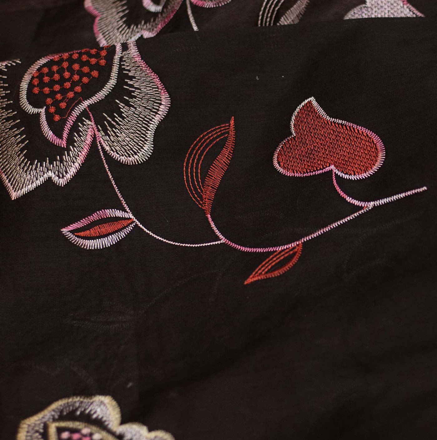 Black and Red Mixed Floral Embroidered Cotton Fabric