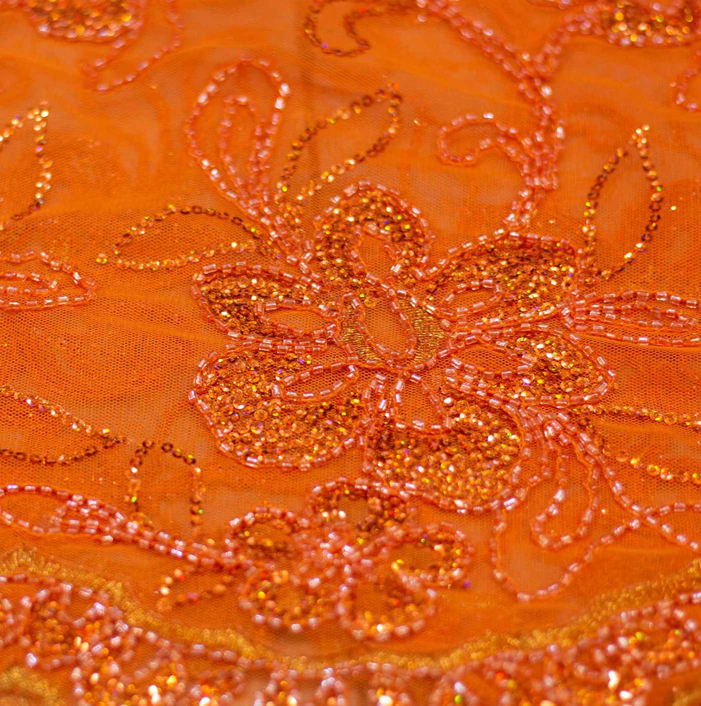 Orange Beaded Mesh Fabric