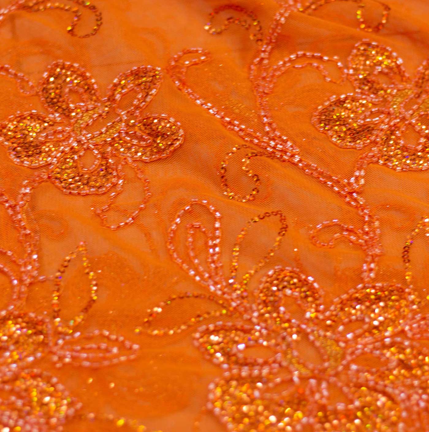 Orange Beaded Mesh Fabric