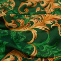 Green and Gold Fire Floral Printed Silk Fabric
