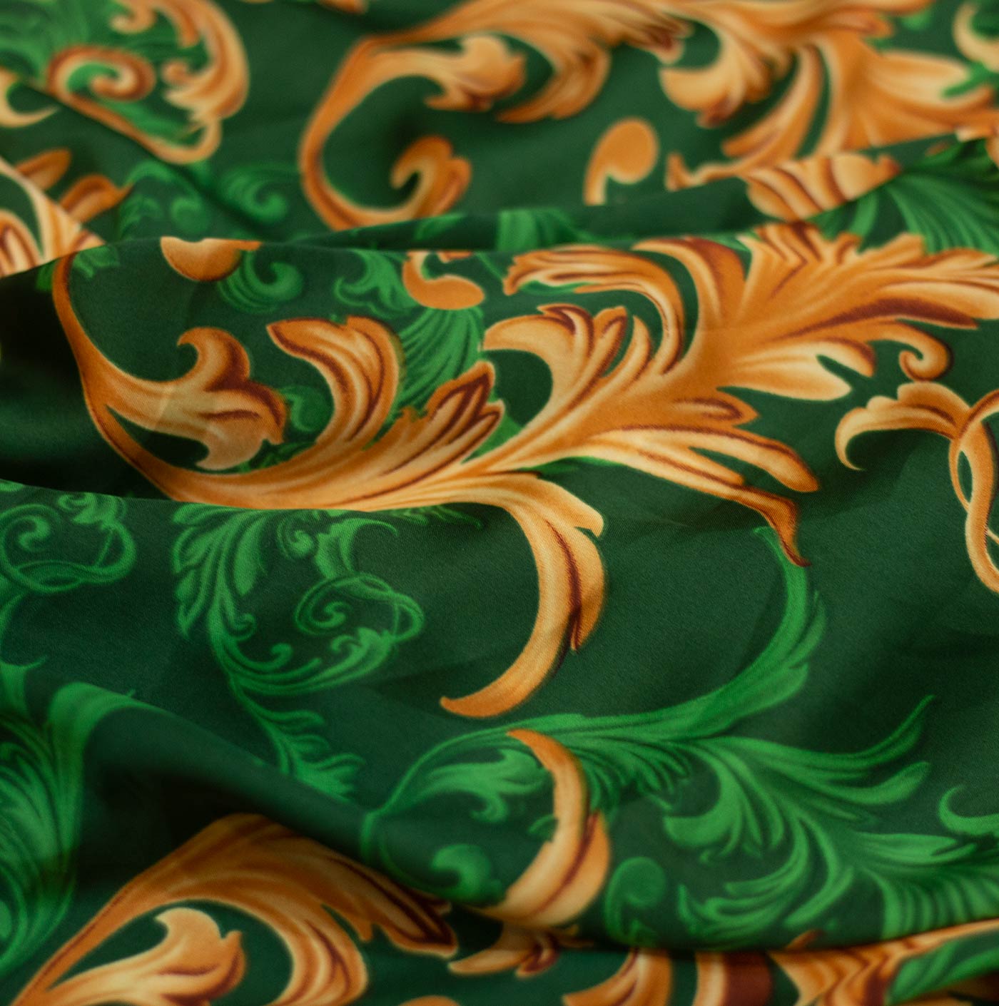 Green and Gold Fire Floral Printed Silk Fabric